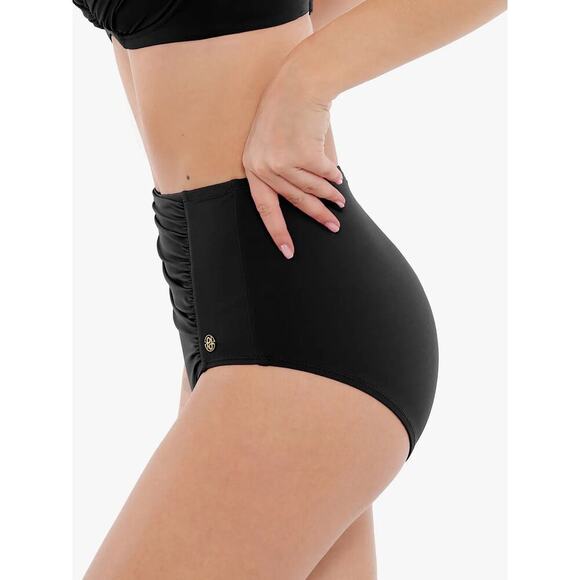 Popilush High-Waisted Ruched Shaping Swim Bottoms Black Size Medium VIRAL NEW - Picture 4 of 13